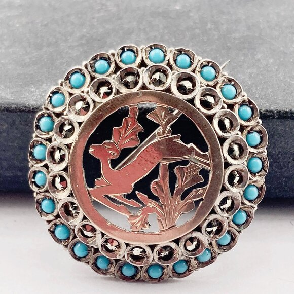 ANTIQUE Coin silver, marcasite, and turquoise glass deer brooch ~ Victorian pin - Picture 1 of 9